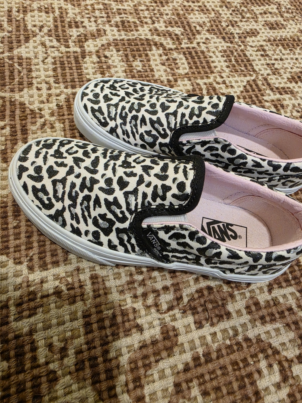 Vans Kids Slip-On Leopard Print Sneakers - Black & Cream with Pink Lining